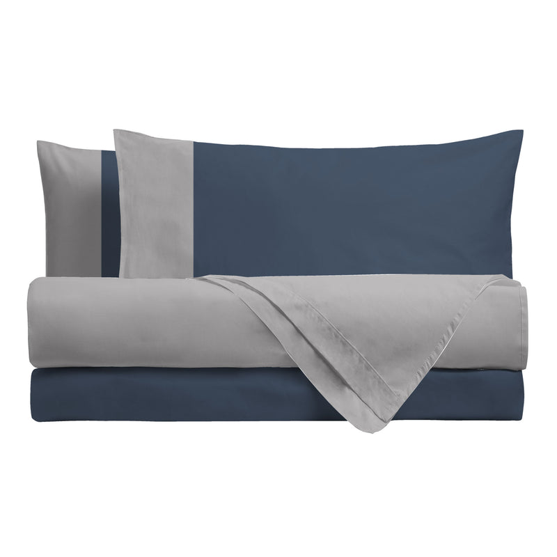 Happidea Completo Letto Piazza e Mezza in Cotone Bicolore Perla/Blu Profondo