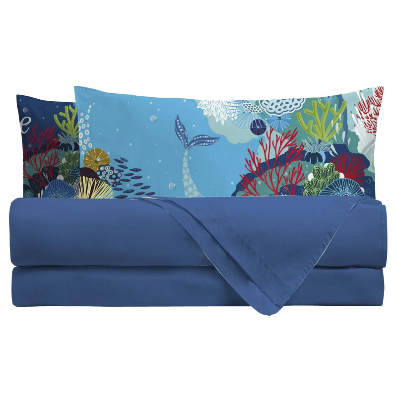 Completo Letto Piazza e Mezza in Cotone con Stampa Digitale - Fantasia Mermaidwaves Blu - Amo La Casa Shop