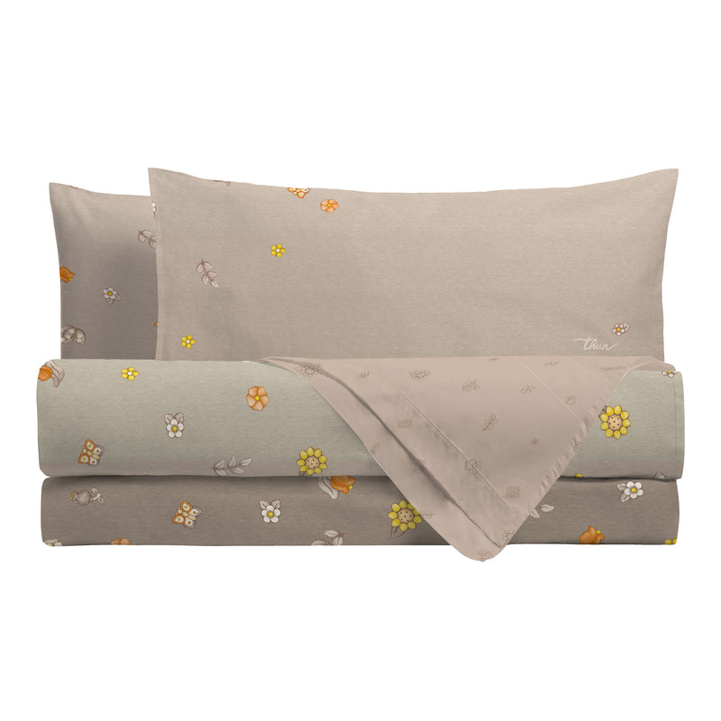THUN® Parure Copripiumino Matrimoniale in Cotone Country Flowers Beige