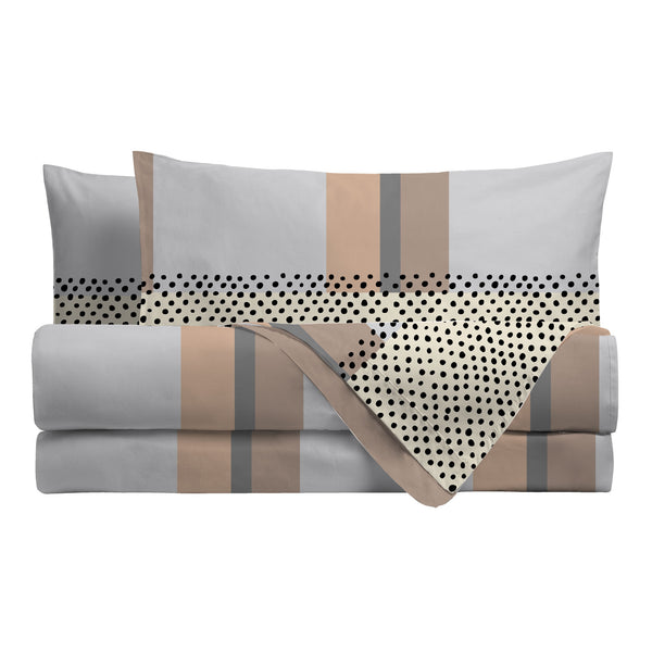 Completo Letto Matrimoniale in Cotone con Stampa Kiljan Beige