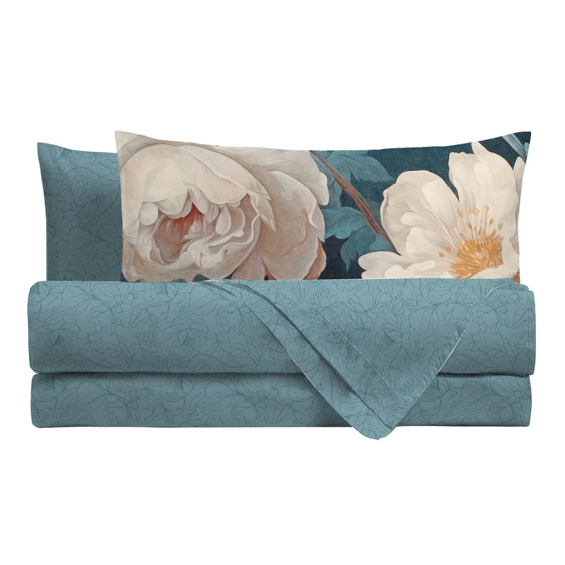 Completo Letto Singolo in Cotone con Stampa Digitale - Fantasia Absinthe Margaux Ottanio - Amo La Casa Shop
