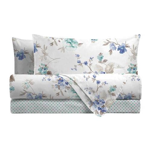 Completo Letto Matrimoniale in Cotone con Stampa - Fantasia Micole Blue
