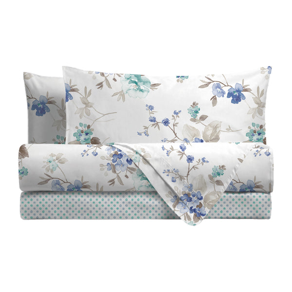 Completo Letto Matrimoniale in Cotone con Stampa - Fantasia Micole Blue