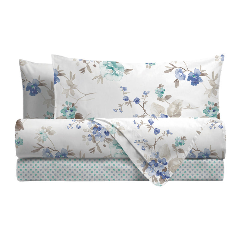 Completo Letto Matrimoniale in Cotone con Stampa - Fantasia Micole Blue