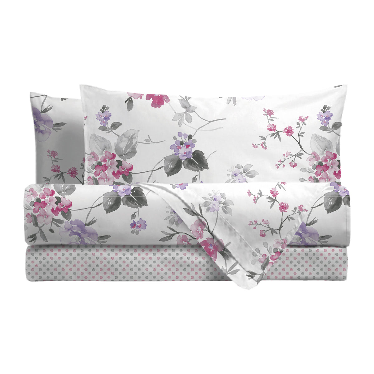 Completo Letto Matrimoniale in Cotone con Stampa - Fantasia Micole Pink