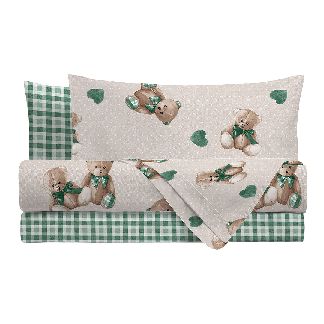 Completo Letto Piazza e Mezza in Cotone con Stampa  - Fantasia Softy Bear Orsetti Green