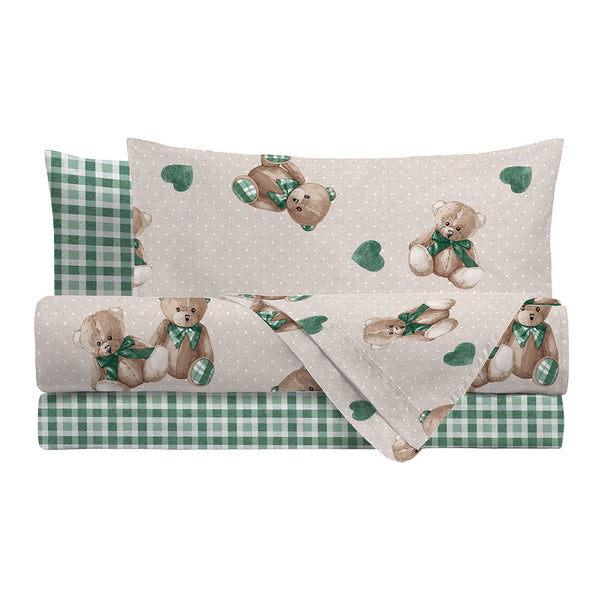 Parure Copripiumino Piazza e Mezza in Cotone con Stampa  - Fantasia Softy Bear Orsetti Green