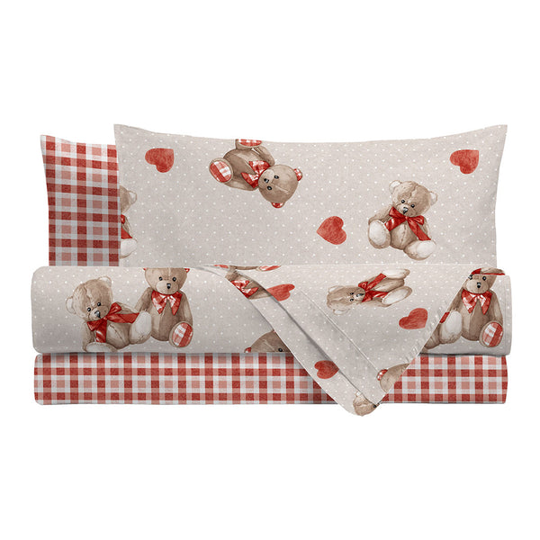 Parure Copripiumino Matrimoniale in Cotone con Stampa  - Fantasia Softy Bear Orsetti Red