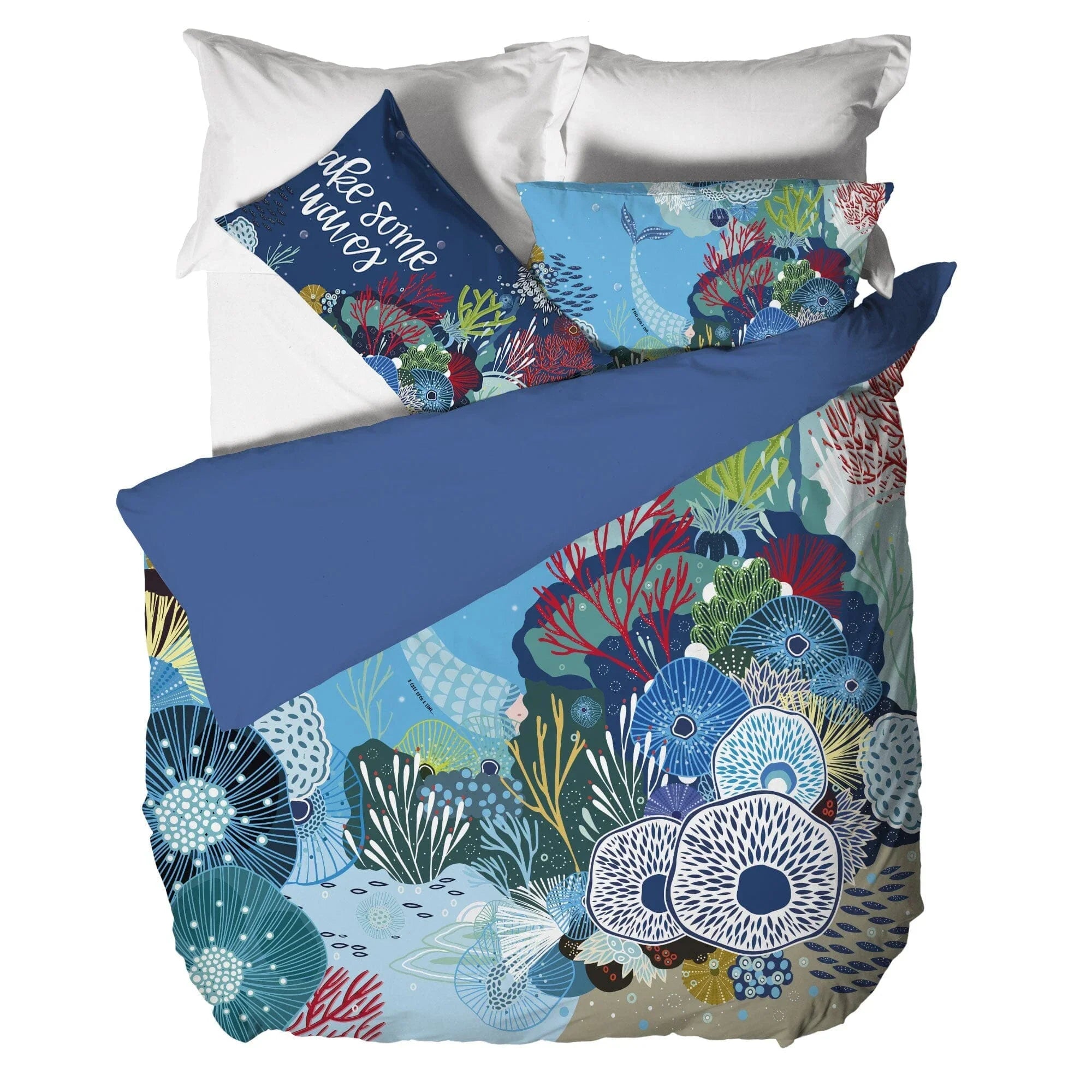 Parure Copripiumino Matrimoniale in Cotone con Stampa Digitale - Fantasia Mermaidwaves Blu - Amo La Casa Shop