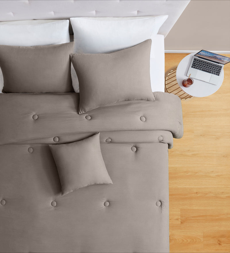 Set 4 Pezzi Letto Trapunta Matrimoniale Cuscino Federe Atelier Tinta Unita Taupe