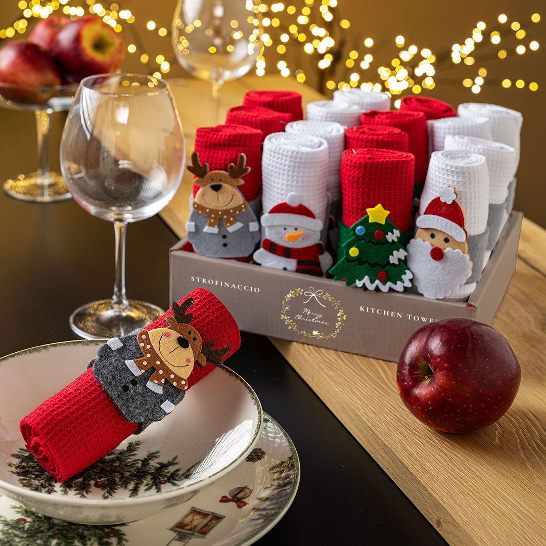 Honigwaben-Geschirrtücher mit Serviettenring Jolly Gift 40x60 cm Schneemann Weiß