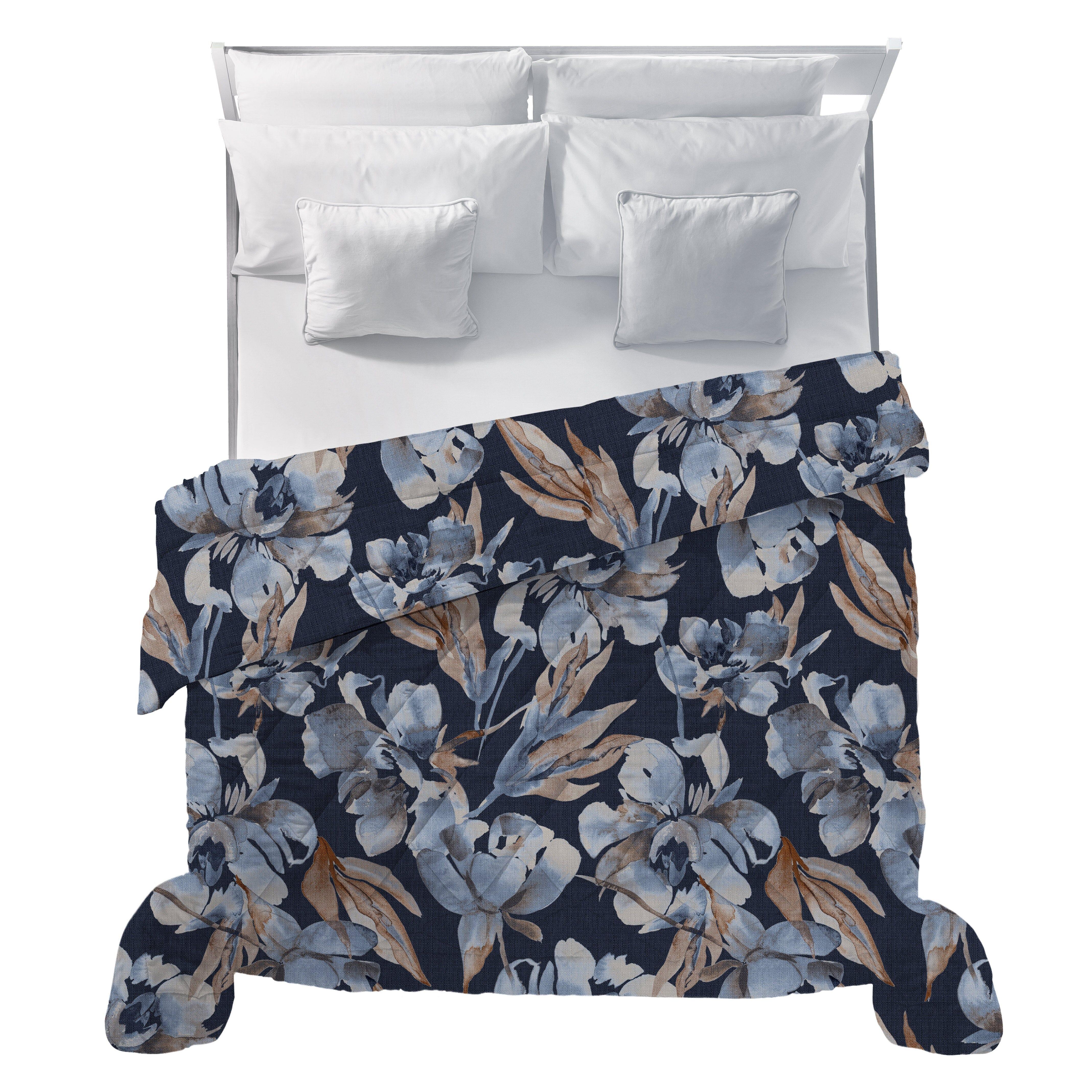 LUXURY COLLECTION DI MAESTRO Trapunta Matrimoniale Soffice 260x260 cm con Stampa - Fantasia Fleur Dark Blue - Amo La Casa Shop