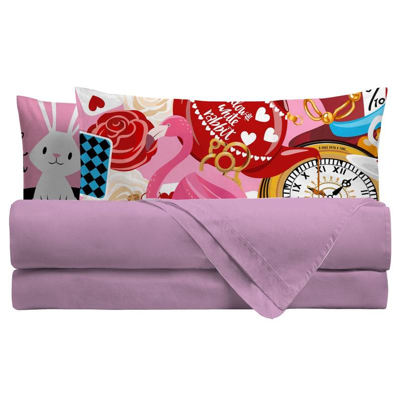 Completo Letto Matrimoniale in Cotone con Stampa Digitale - Fantasia Whiterabbit Rosa